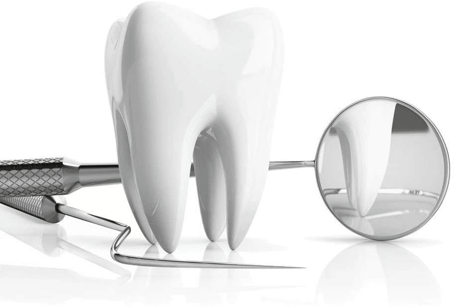 A tooth with mirror and spoon in front of it