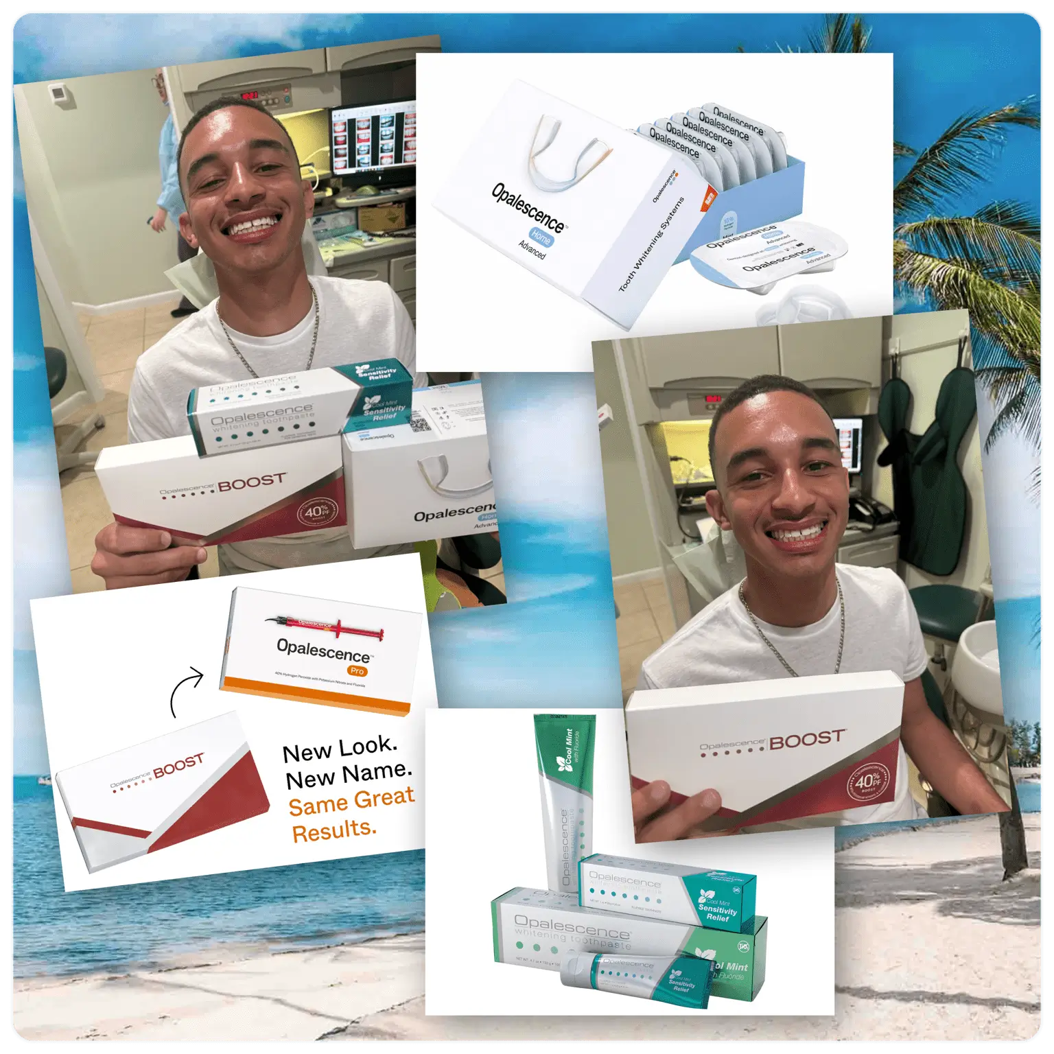 Man smiling with dental products, tropical background.